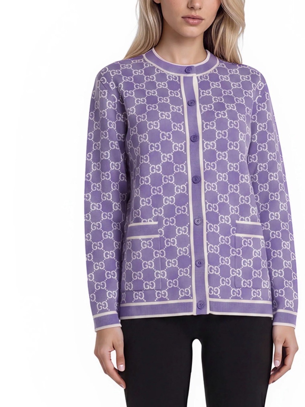 Gucci Lavender GG-Pattern Button Cardigan with White Trim